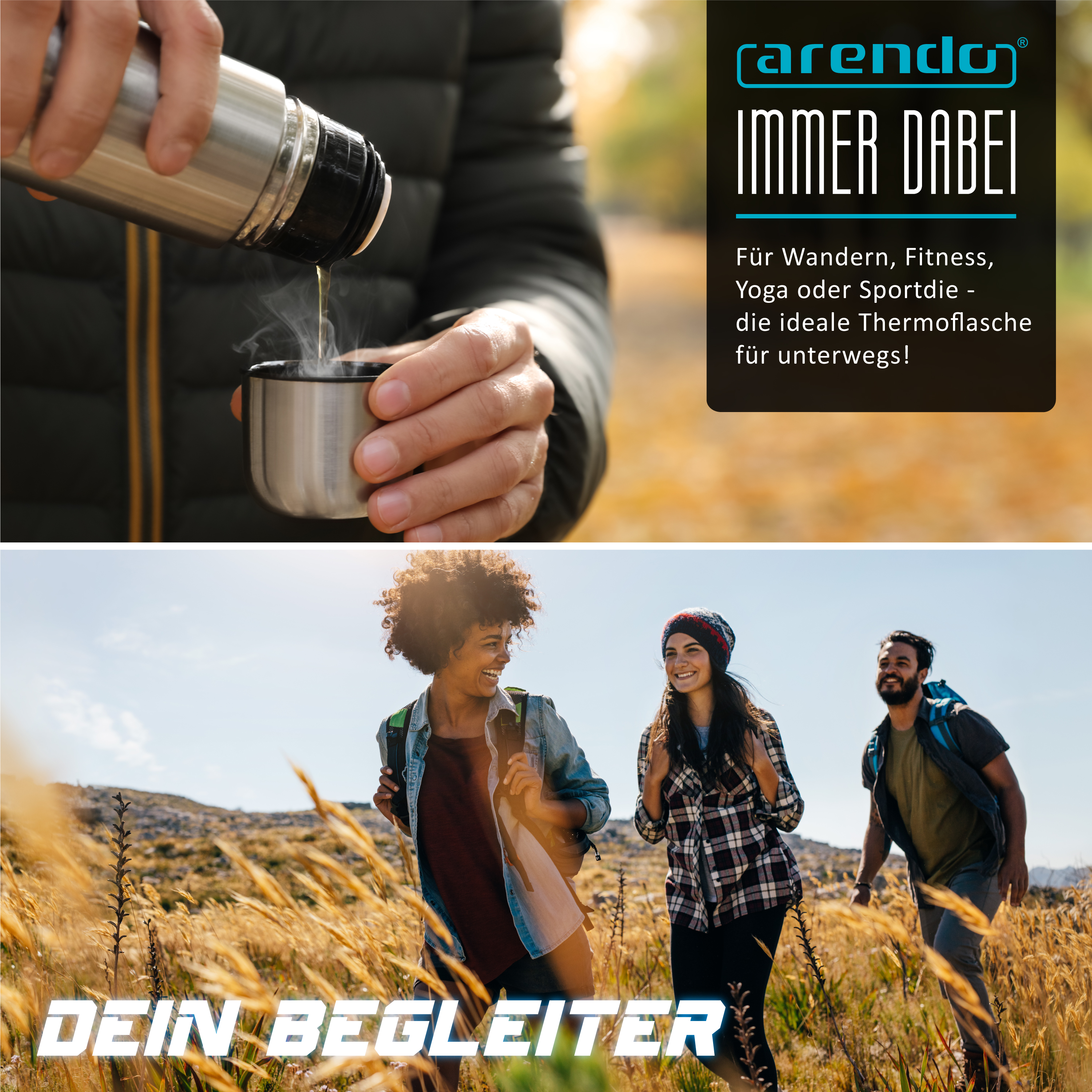 Personen gießen Heißgetränk ein und wandern fröhlich durch eine herbstliche Landschaft.