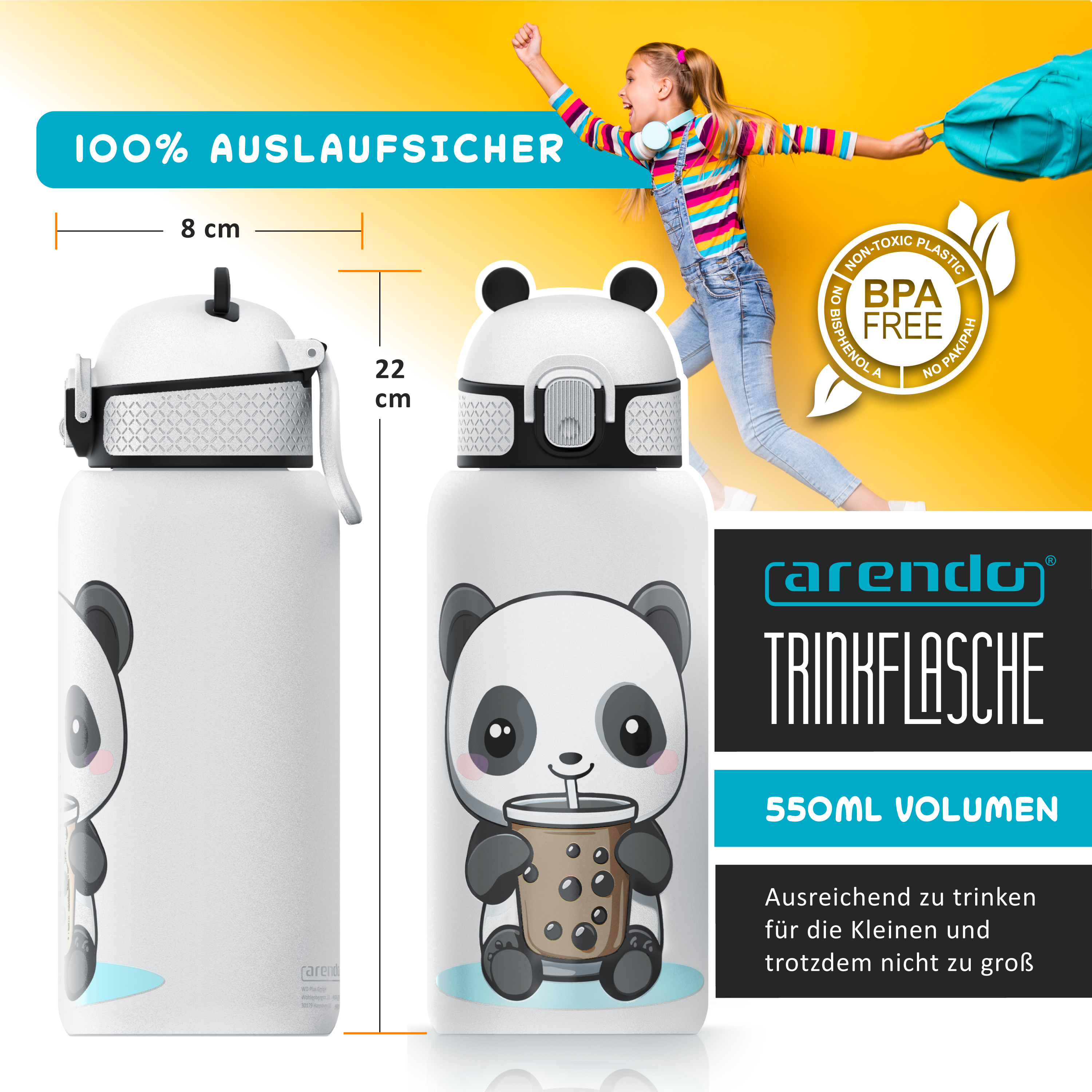 Eine weiße Arendo Kinder-Trinkflasche mit Panda-Motiv, Maße 8x22 cm, BPA-frei, mit spielendem Kind im Hintergrund.