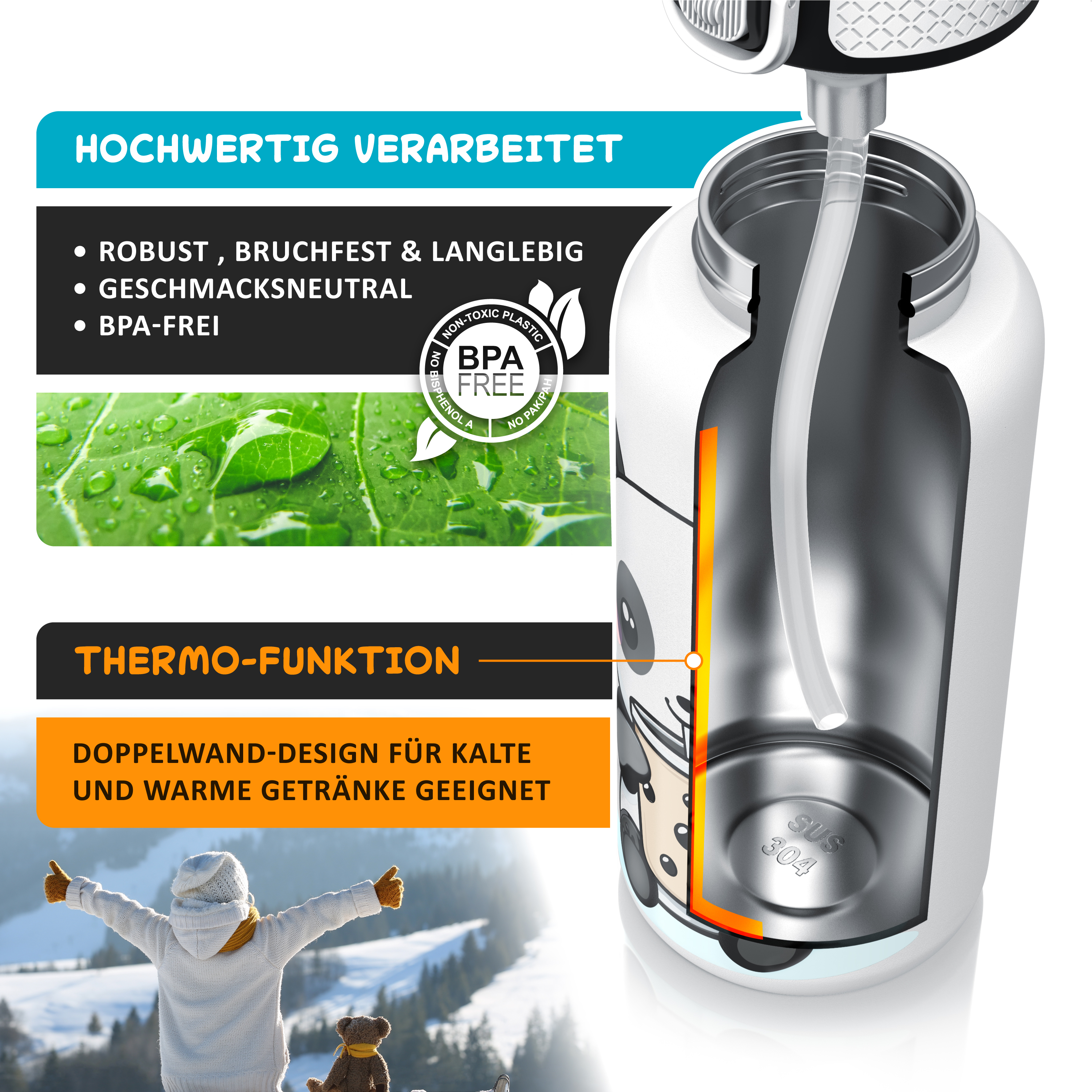 Schnittbild einer doppelwandigen Edelstahl-Trinkflasche mit Strohhalm, umgeben von Informationsgrafiken auf Deutsch.