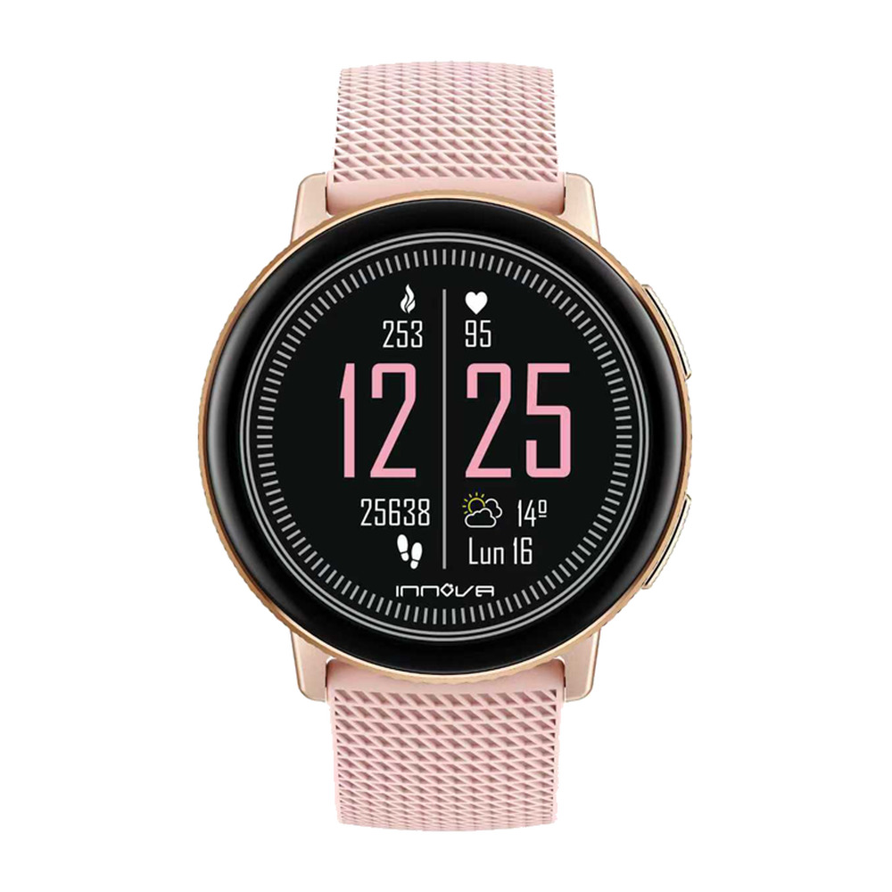 Un reloj inteligente rosa con pantalla redonda muestra hora, fecha, pasos y clima sobre un fondo negro.