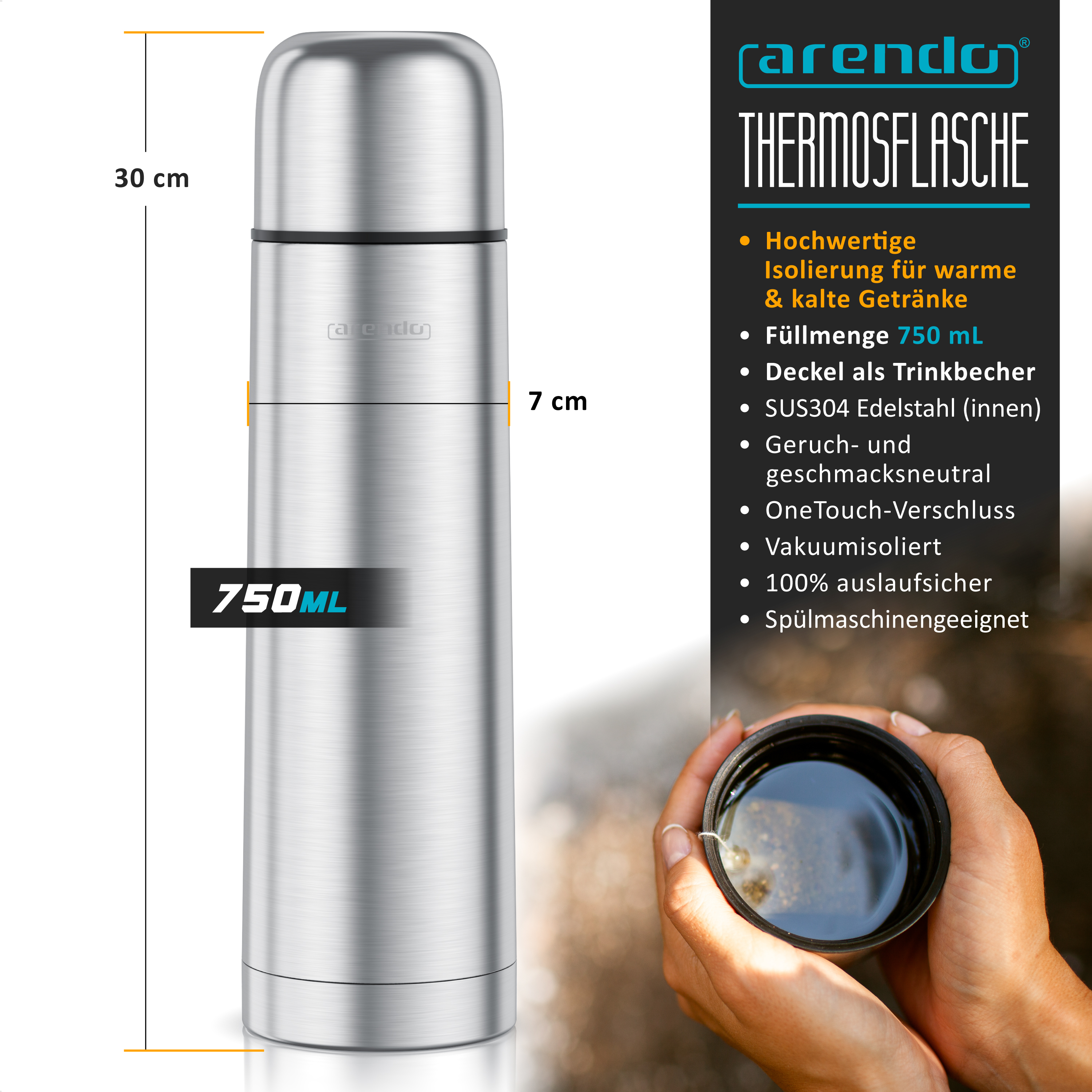 Arendo Thermosflasche aus Edelstahl, 750ml, mit Maßangaben, Texttafel und Händen, die einen Becher halten.