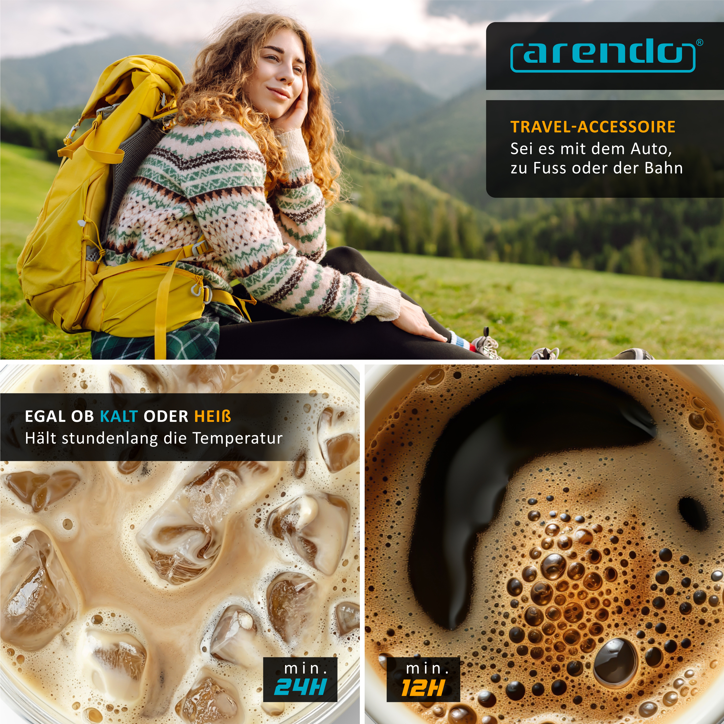 Eine Frau mit gelbem Rucksack in grüner Landschaft, dazu Detailaufnahmen von Eiskaffee und heißem Kaffee.