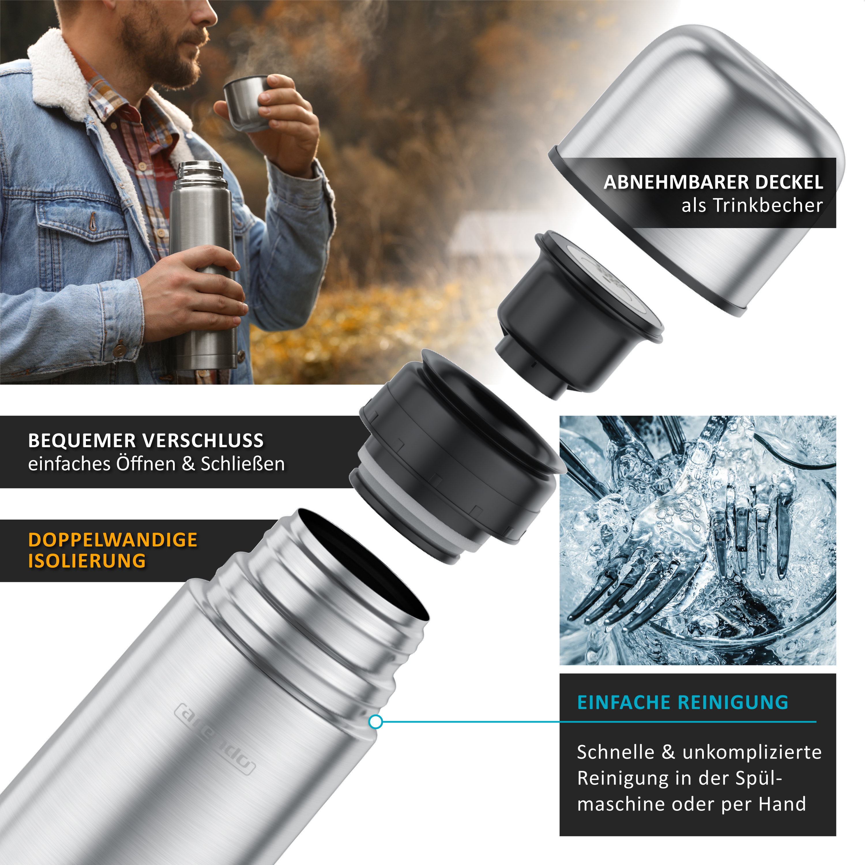 Edelstahl-Thermoskanne mit abnehmbarem Deckel, Verschluss und Spülmaschinenreinigung.