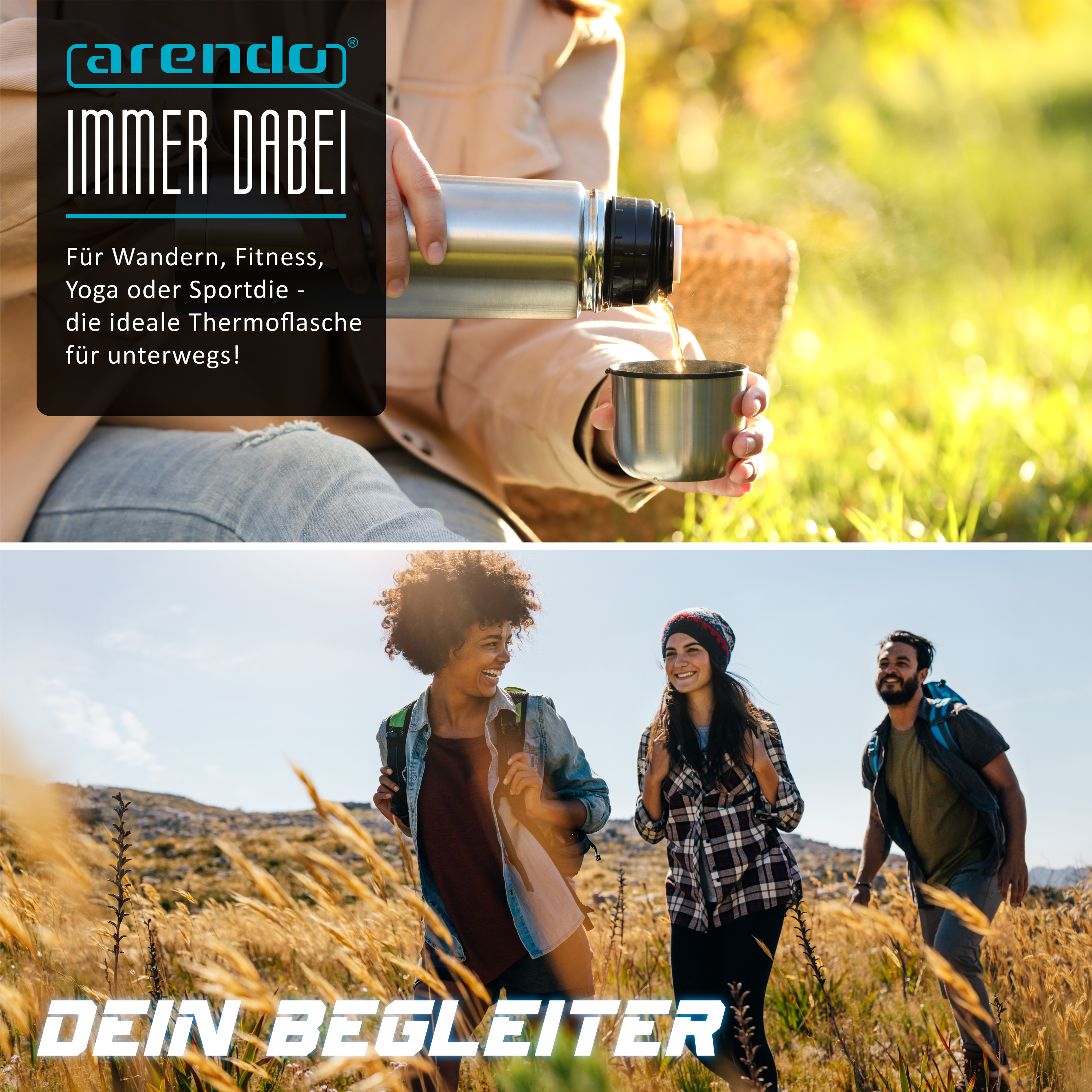 Eine Person gießt Tee aus einer Thermoskanne in eine Tasse im Freien, und drei Freunde wandern zusammen.