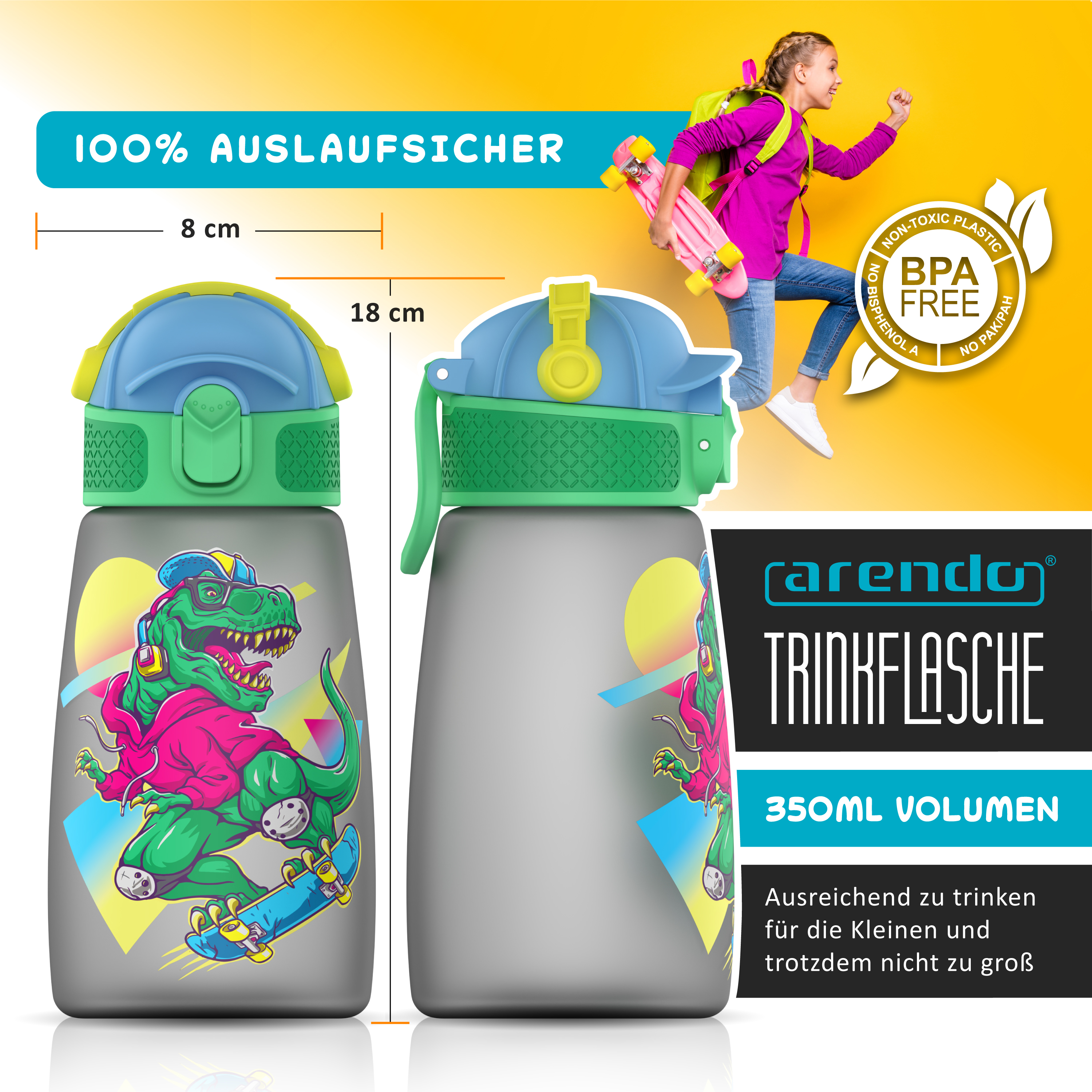 Graue Arendo Trinkflasche mit Dino-Skater-Motiv, blauer Kappe und 350ml Volumen vor gelbem Hintergrund.