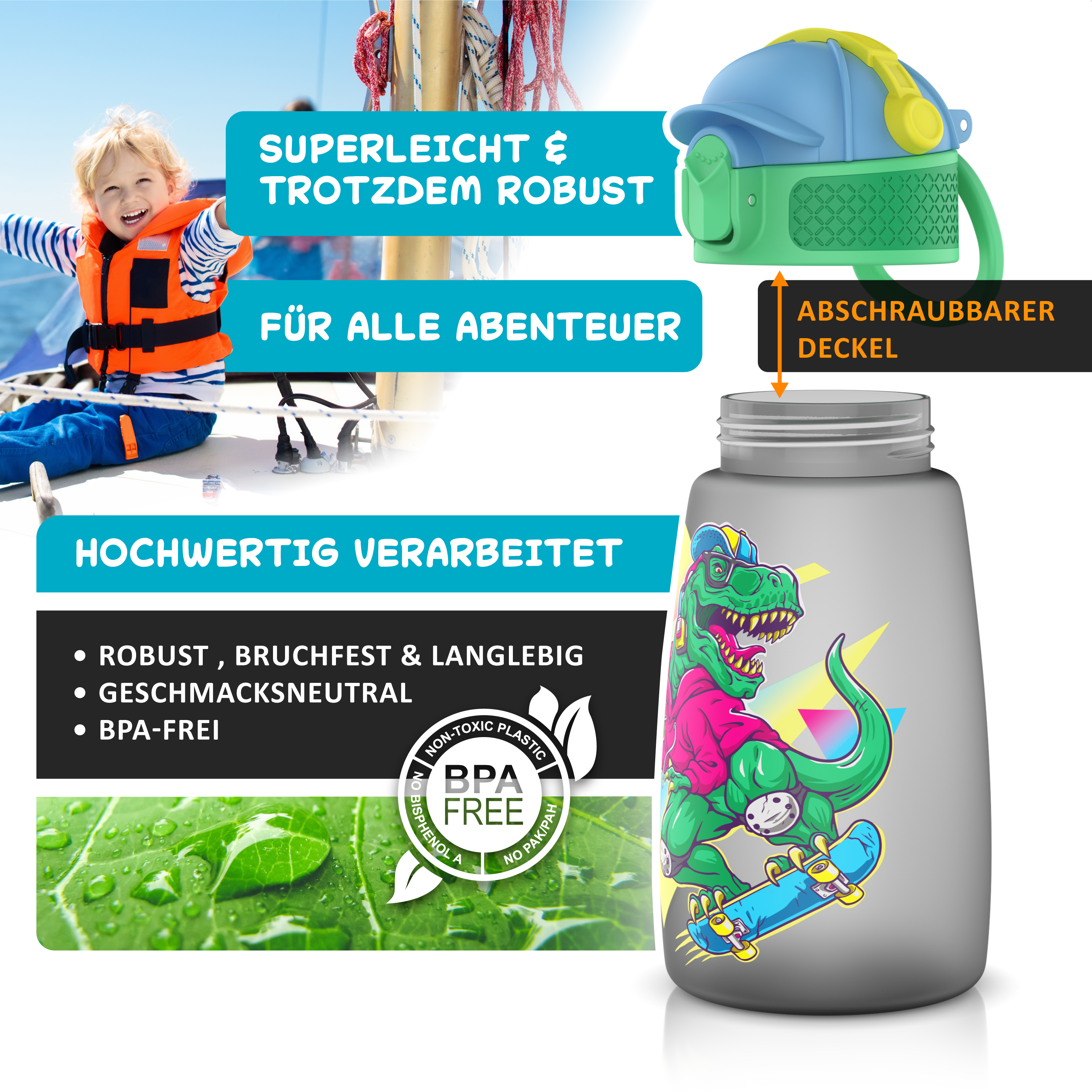 Graue Kinderflasche mit Dinosaurier, Schraubdeckel und Texttafeln über Robustheit und BPA-Freiheit.