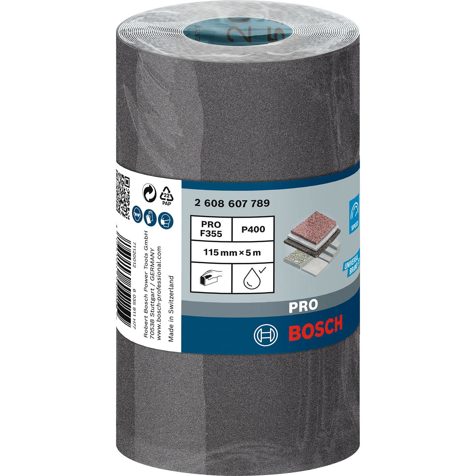Eine graue Bosch Schleifmittelrolle mit blauer Produktetikette.