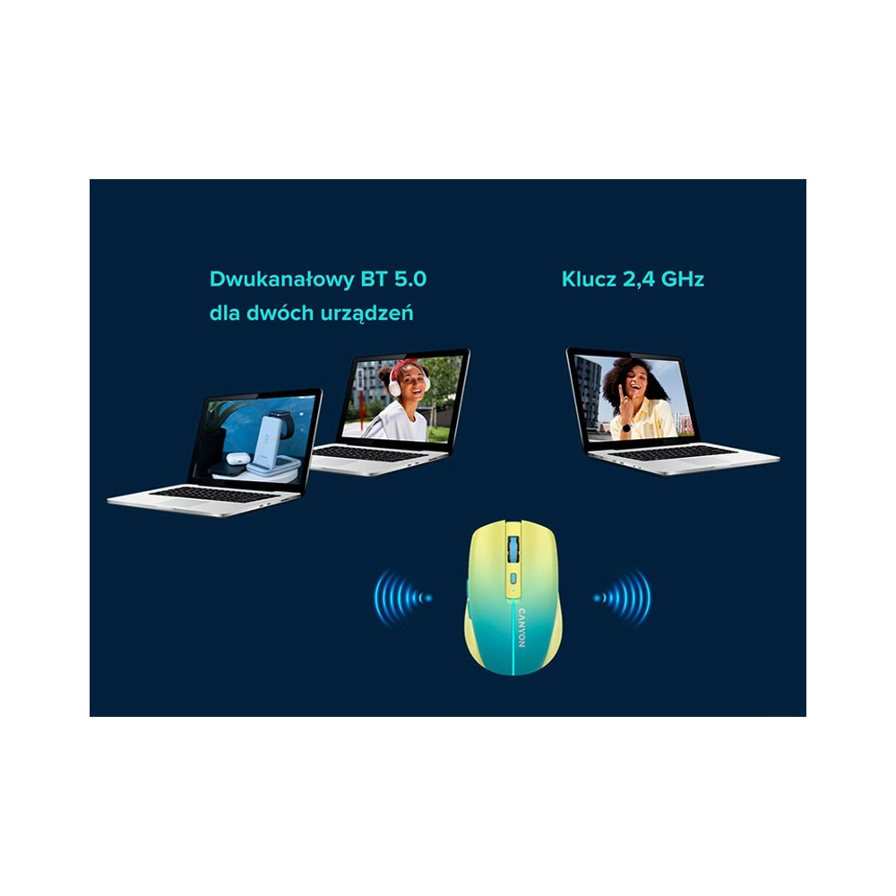 Żółto-niebieska mysz Canyon połączona z laptopami przez Bluetooth i USB.