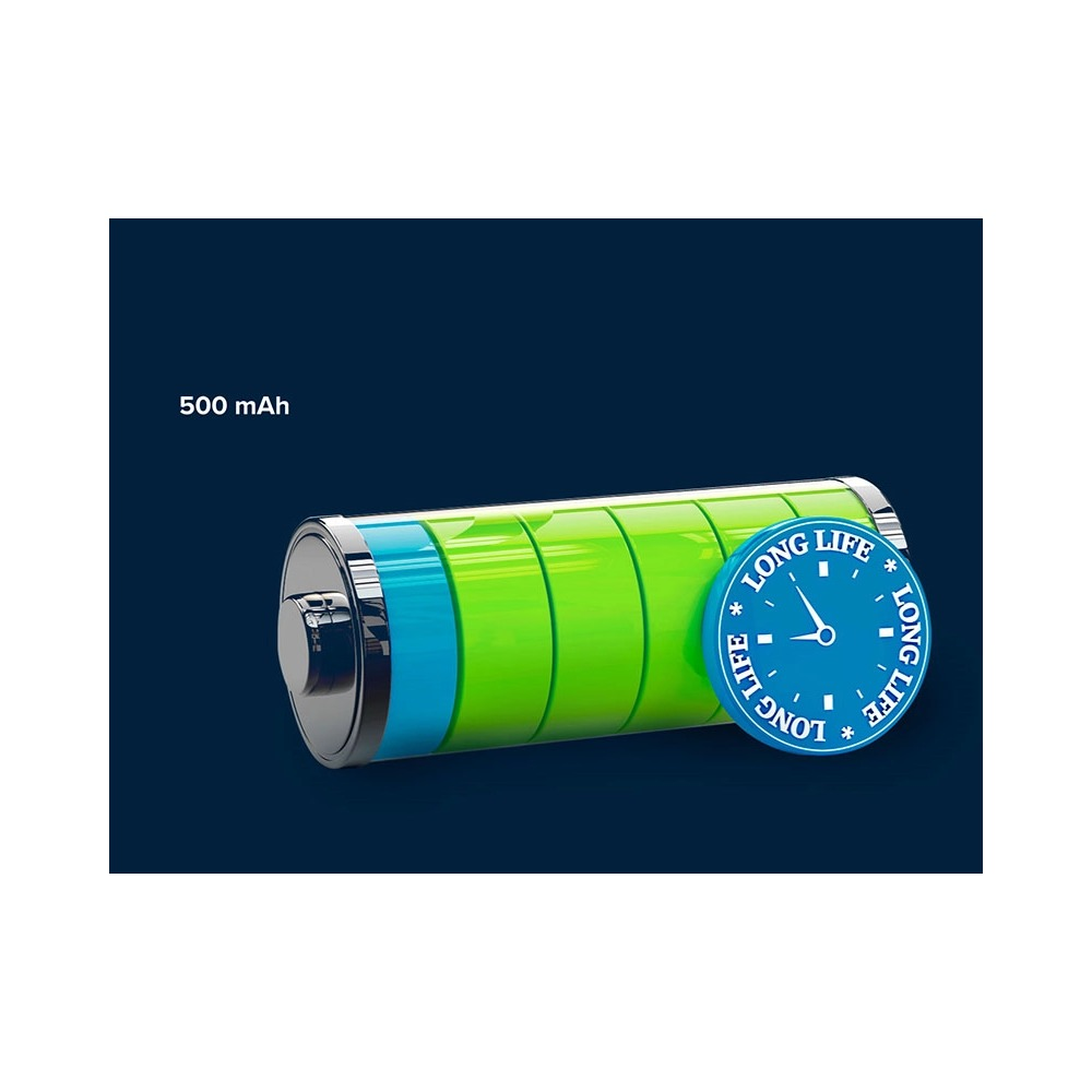 Zielona i niebieska bateria 500 mAh z niebieskim zegarem z napisem 'Long Life' na ciemnoniebieskim tle.