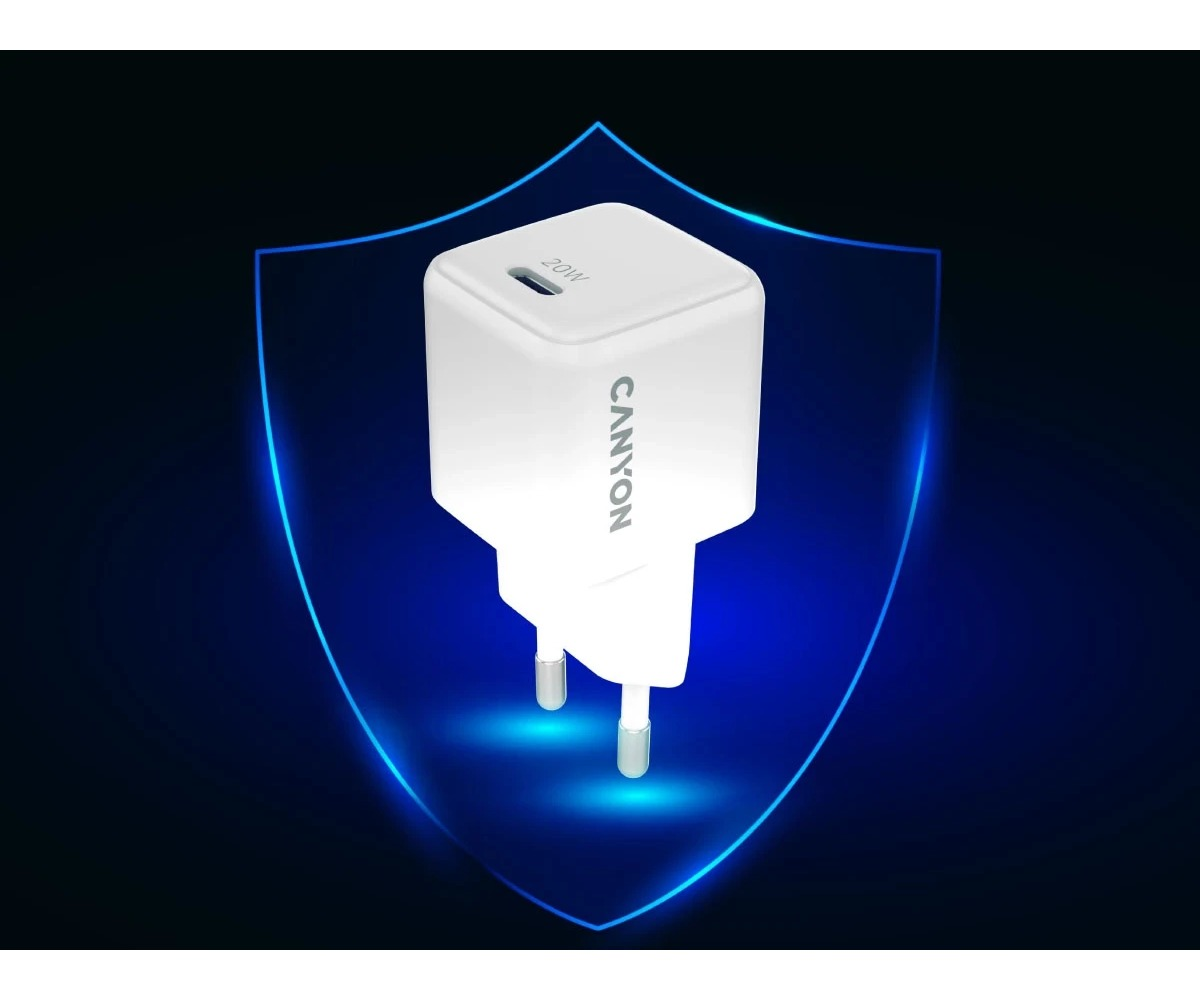 Biała ładowarka USB-C Canyon 20W na tle niebieskiej tarczy.