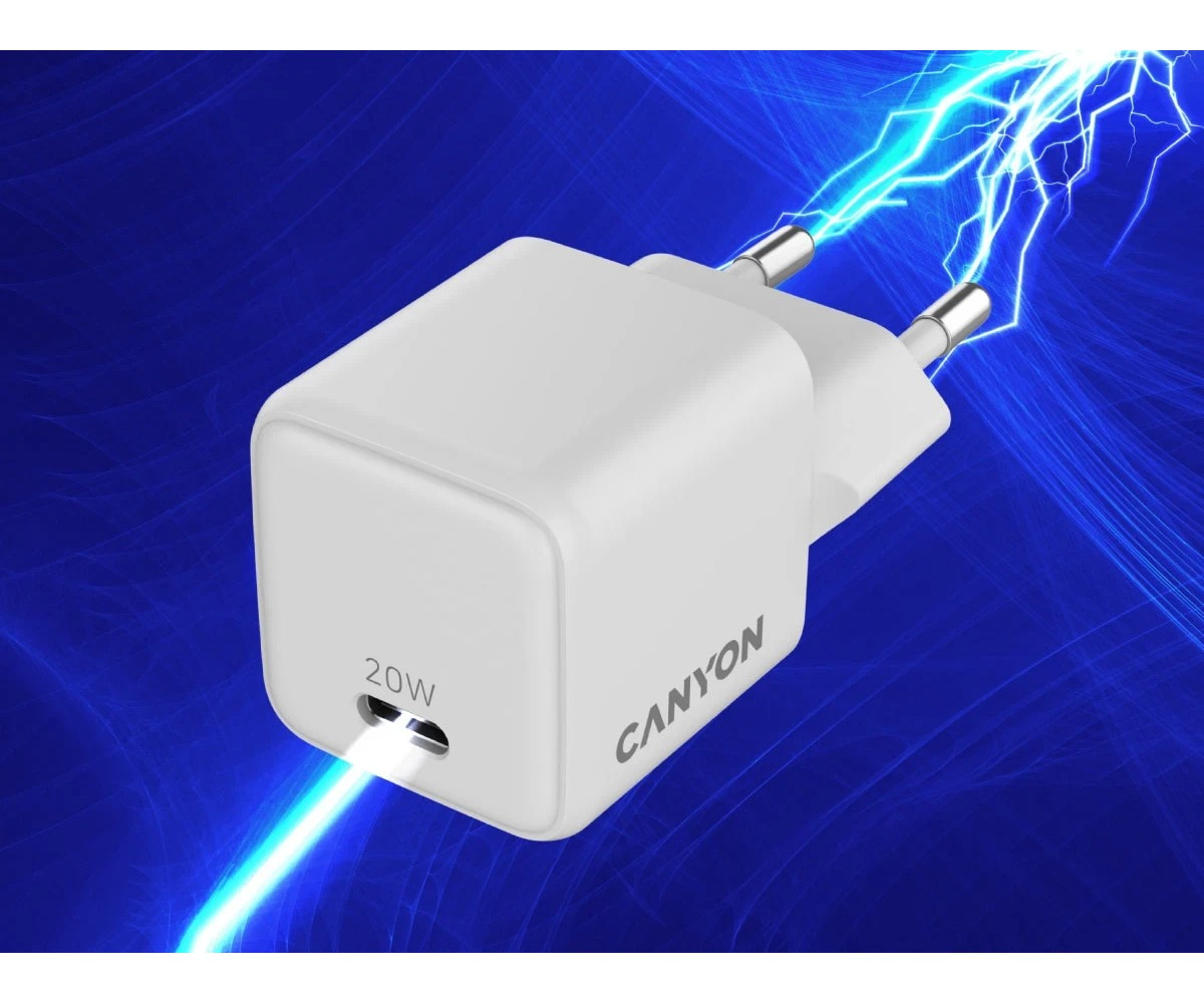Biała ładowarka Canyon 20W USB-C na niebieskim tle z błyskawicami elektrycznymi.