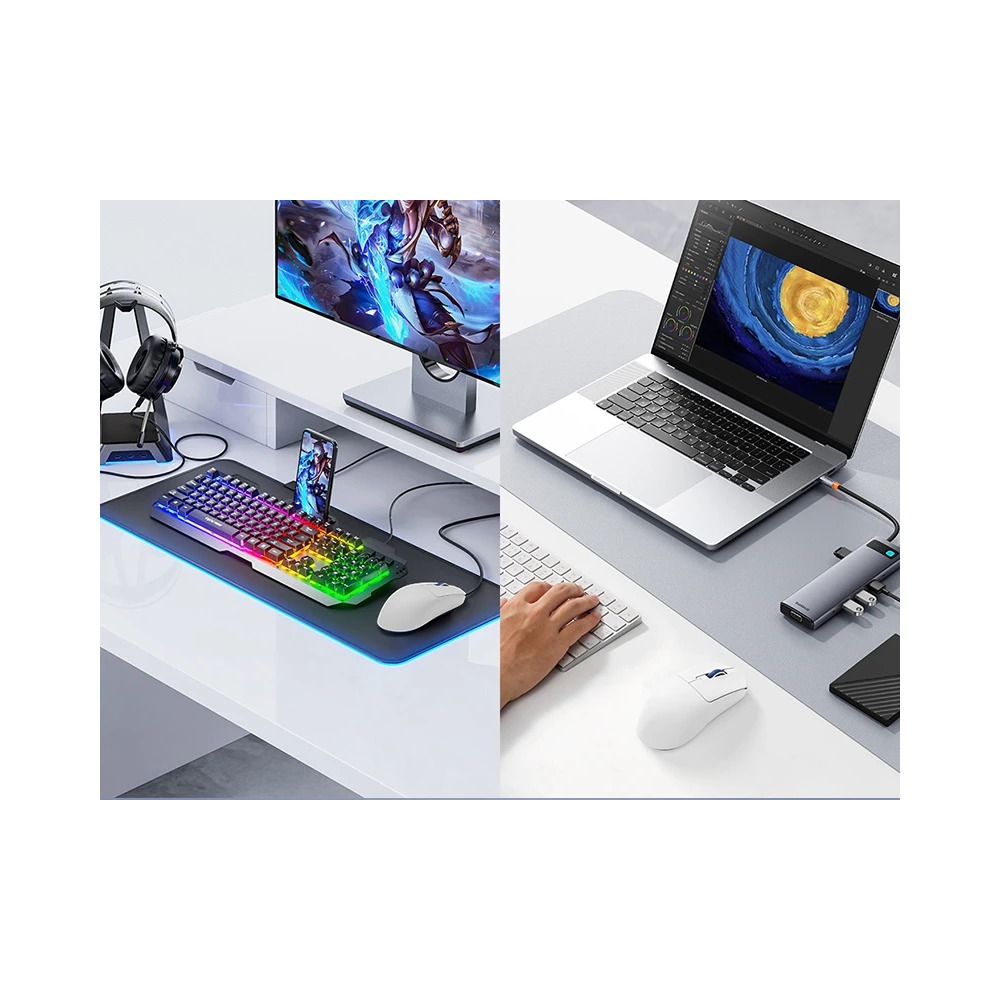 Dwa układy biurka z podświetlaną klawiaturą, monitorem, laptopem i hubem USB.