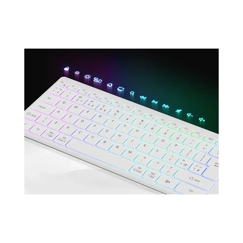 Biała klawiatura z podświetleniem RGB i unoszącymi się ikonami funkcji.