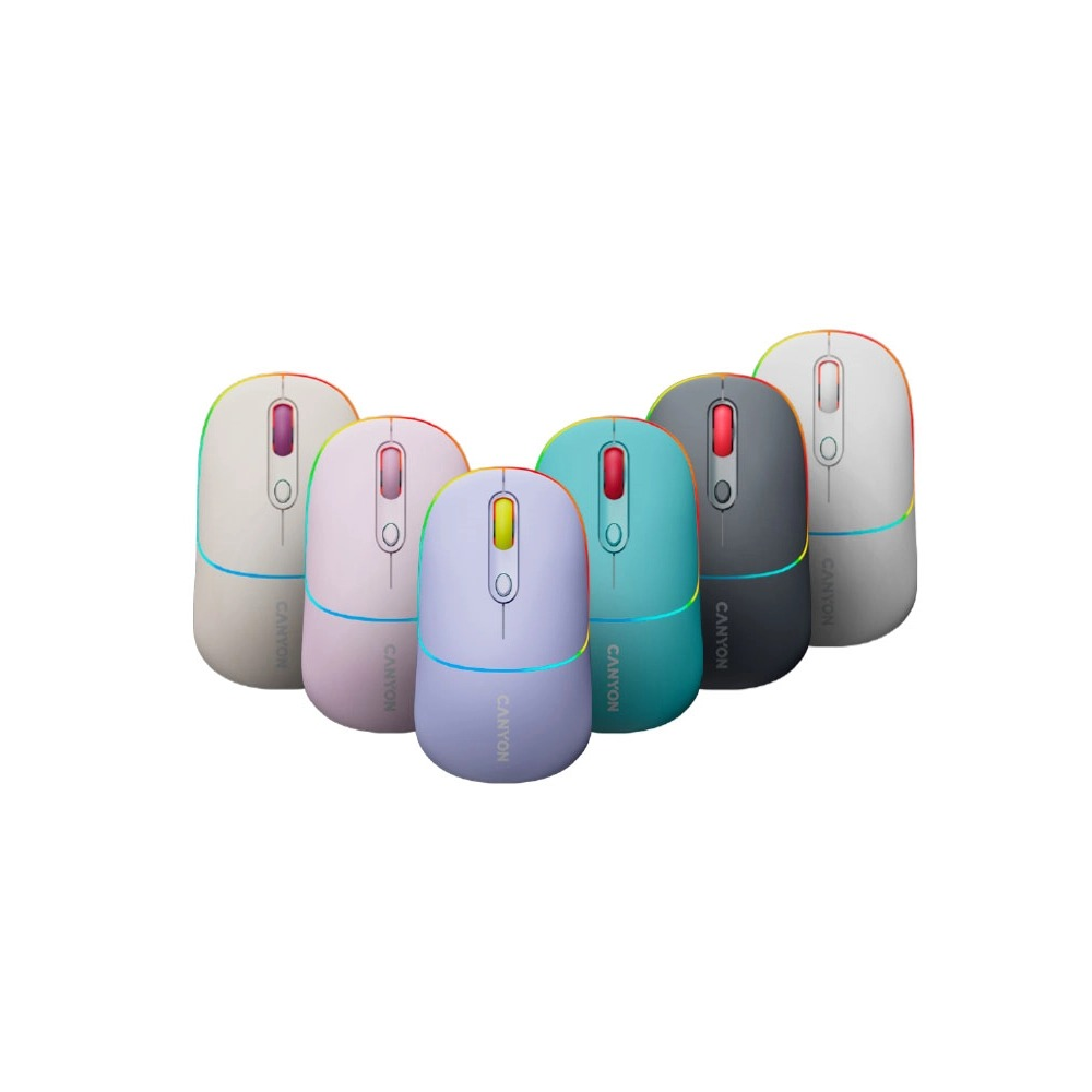 Six wireless Canyon computer mice in various pastel colors with RGB lighting, arranged on a white background.