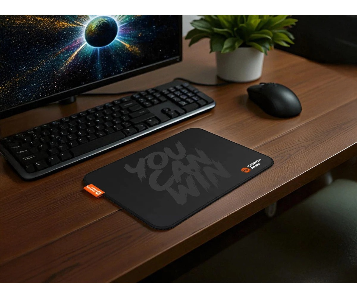 A wooden desk with a black mousepad reading YOU CAN WIN, keyboard, mouse, monitor, and a small potted plant.