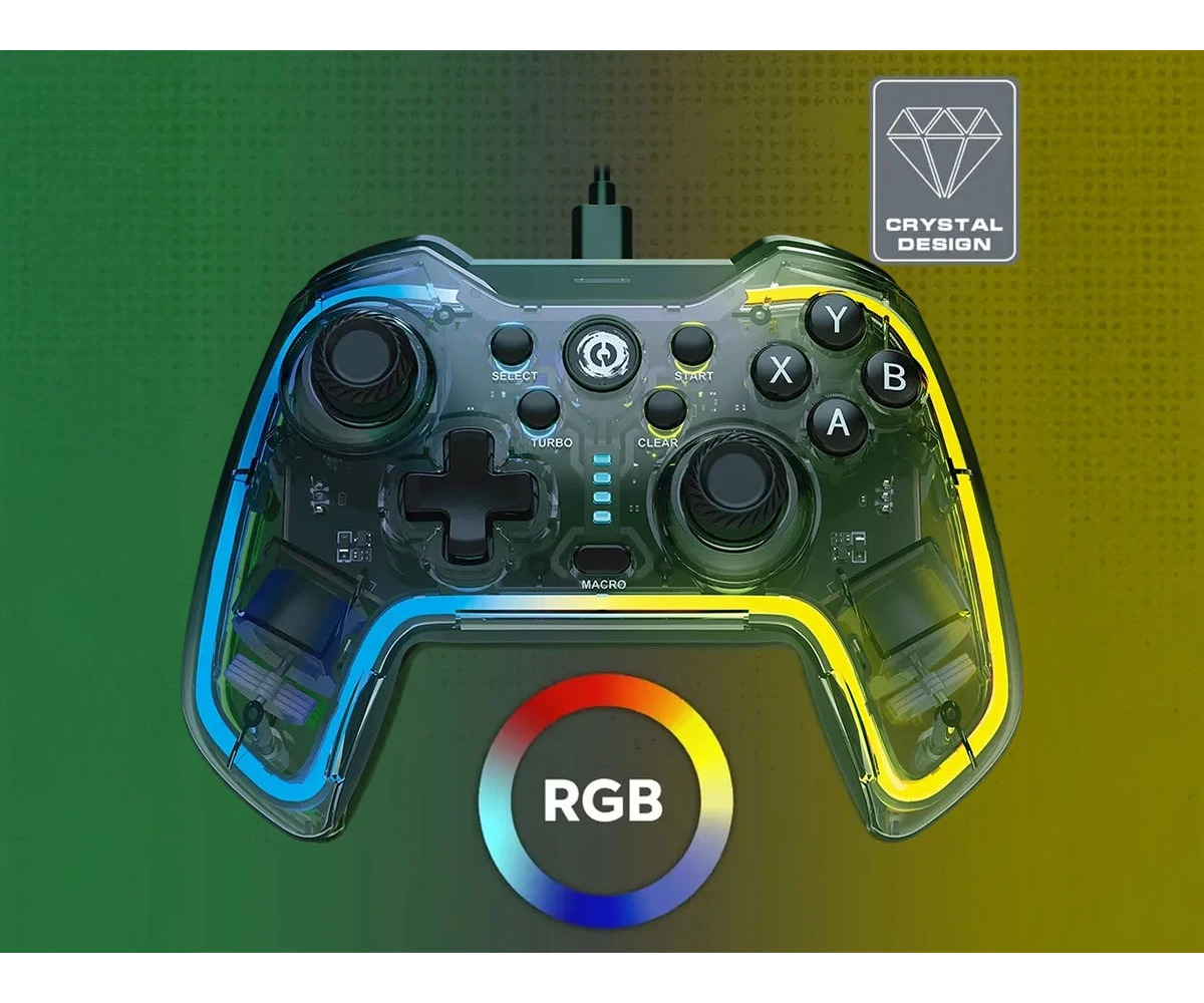 Przezroczysty kontroler do gier RGB z niebieskim i żółtym podświetleniem, d-padem i przyciskami.