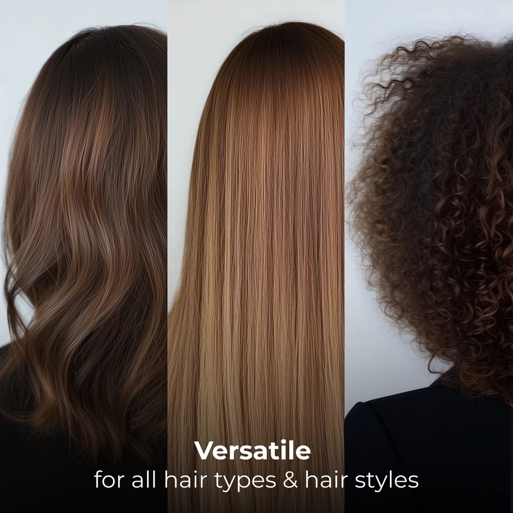 Trzy widoki z tyłu przedstawiają falowane, proste i kręcone włosy. Tekst: Versatile for all hair types & hair styles.