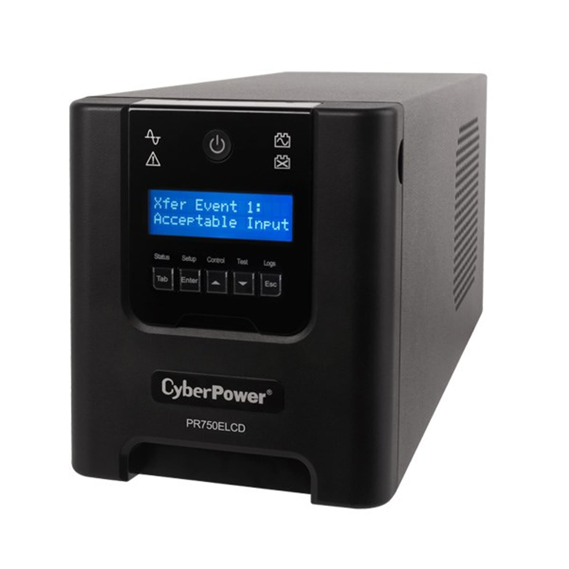 Schwarzes CyberPower PR750ELCD USV-Gerät mit blauem LCD-Bildschirm und Tasten auf weißem Hintergrund.