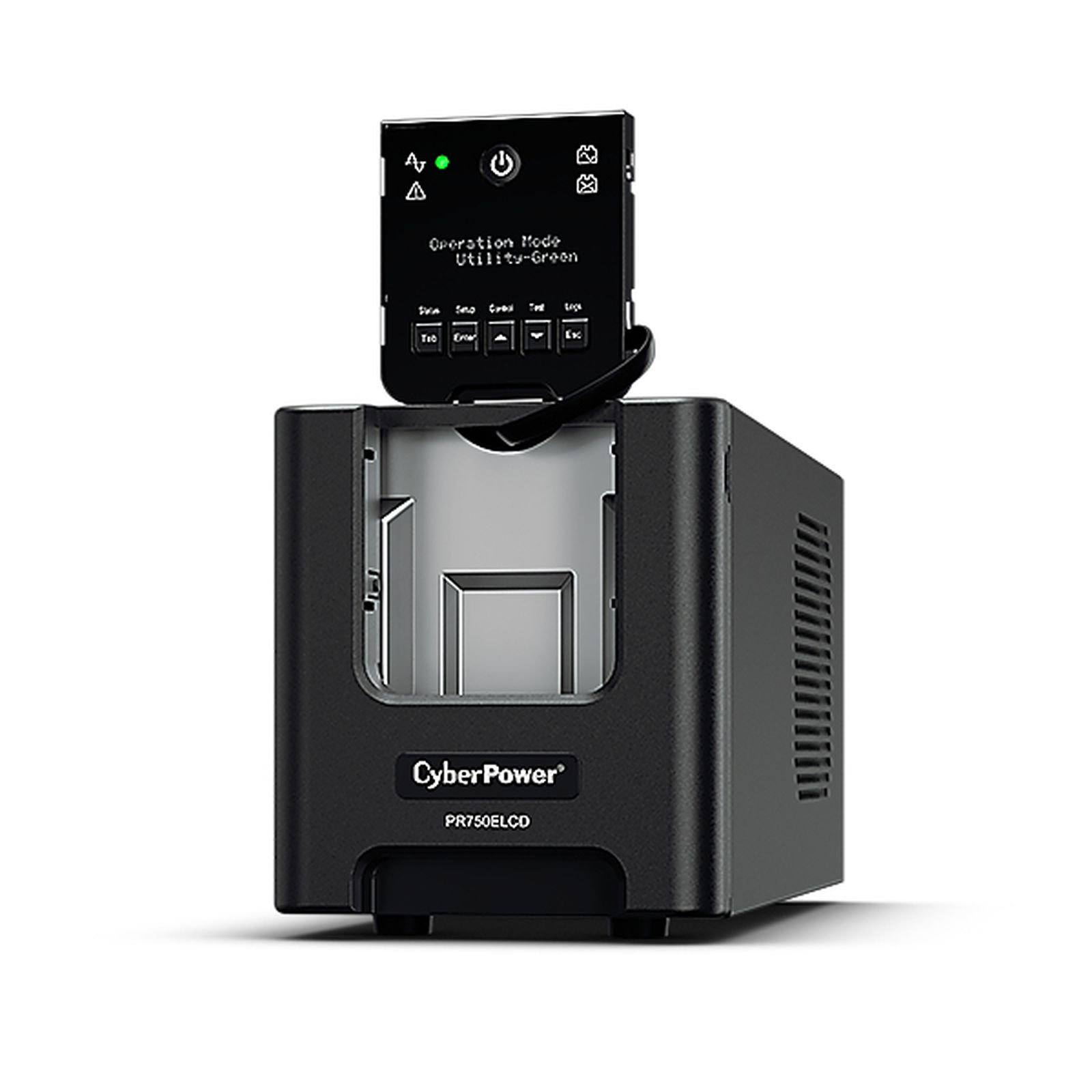 Schwarze USV-Anlage CyberPower PR750ELCD mit abnehmbarem LCD-Display oben, vor weißem Hintergrund.