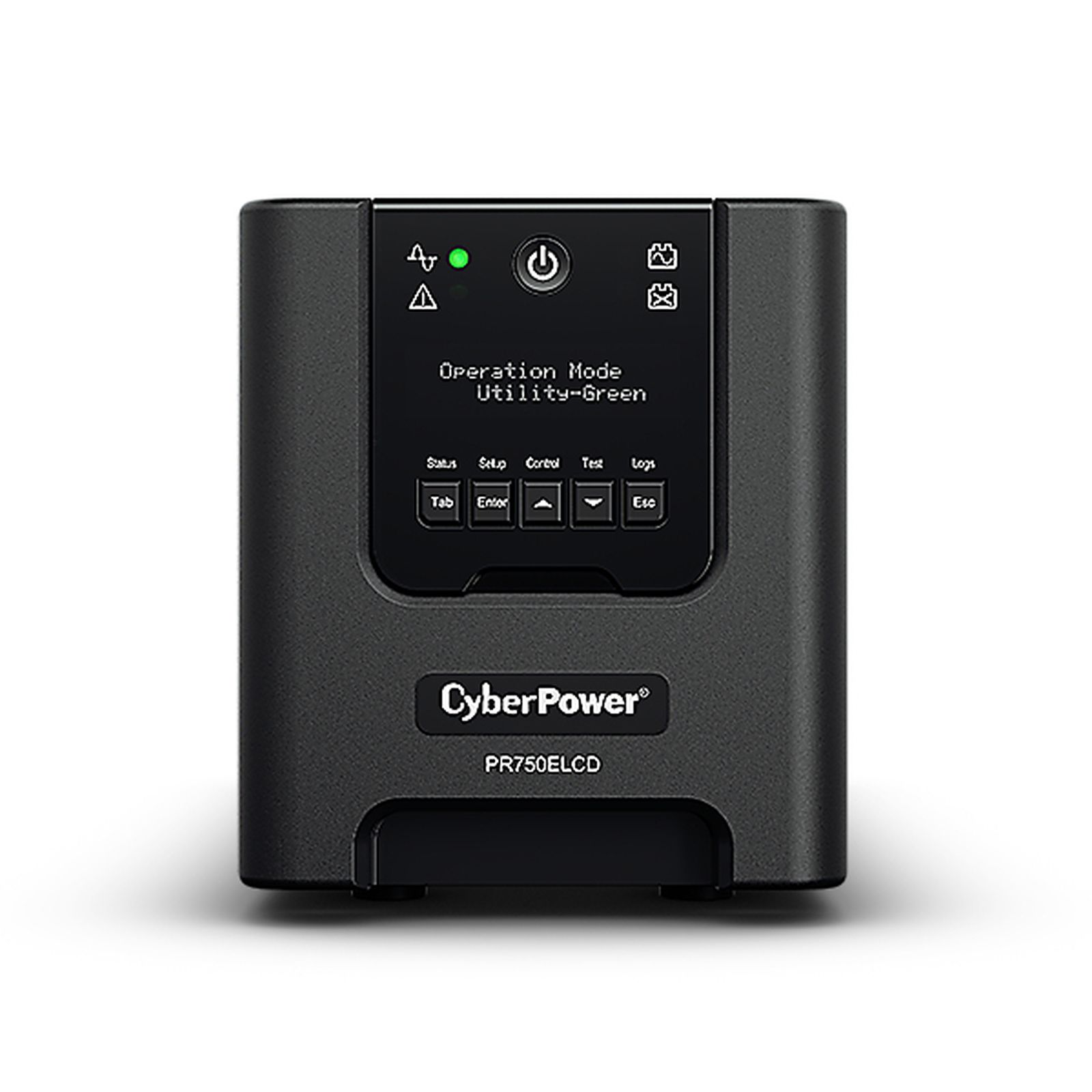 Schwarze CyberPower PR750ELCD USV-Anlage mit LCD-Display und Bedientasten auf weißem Hintergrund.