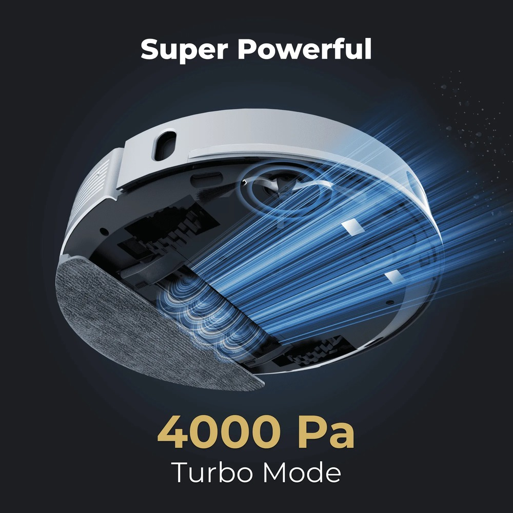 Widok od spodu odkurzacza automatycznego z niebieskimi liniami przepływu powietrza, tekst Super Powerful 4000 Pa Turbo Mode.