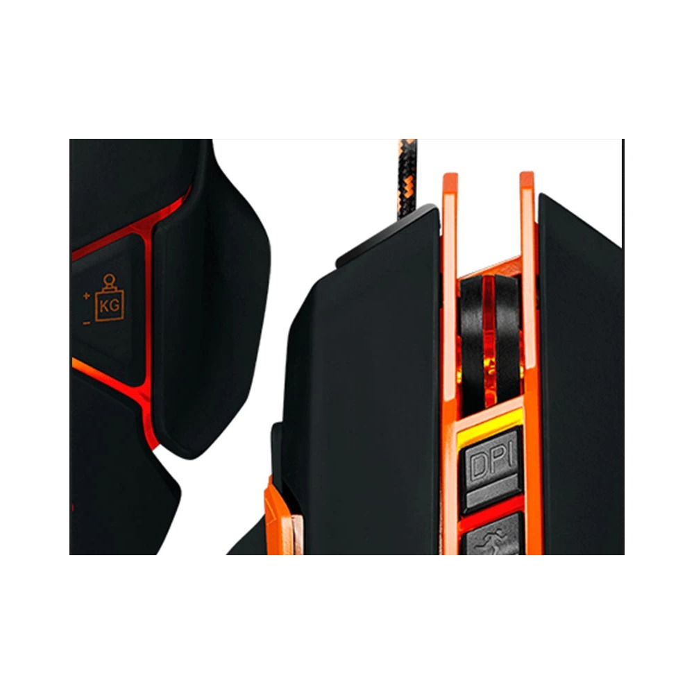 Primer plano de un ratón de juego negro y naranja con botones DPI iluminados.