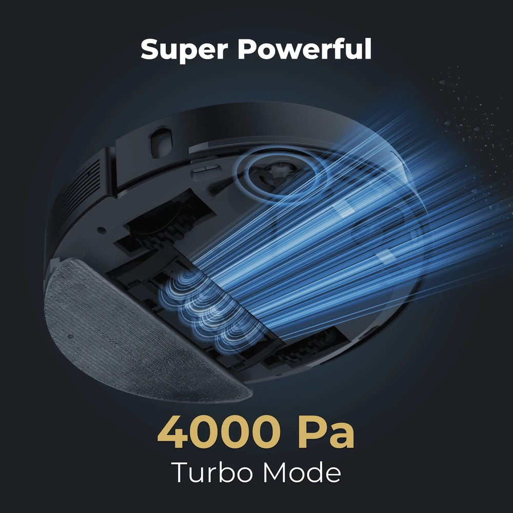 Odkurzacz automatyczny z silnymi niebieskimi liniami ssania i tekstem Super Powerful 4000 Pa Turbo Mode.