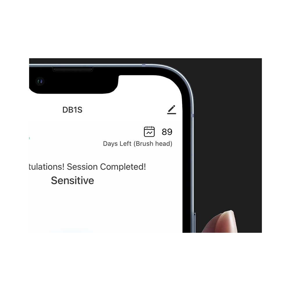 Smartphone-Bildschirm zeigt Sitzung beendet, DB1S und 89 Tage für den Bürstenkopf übrig.