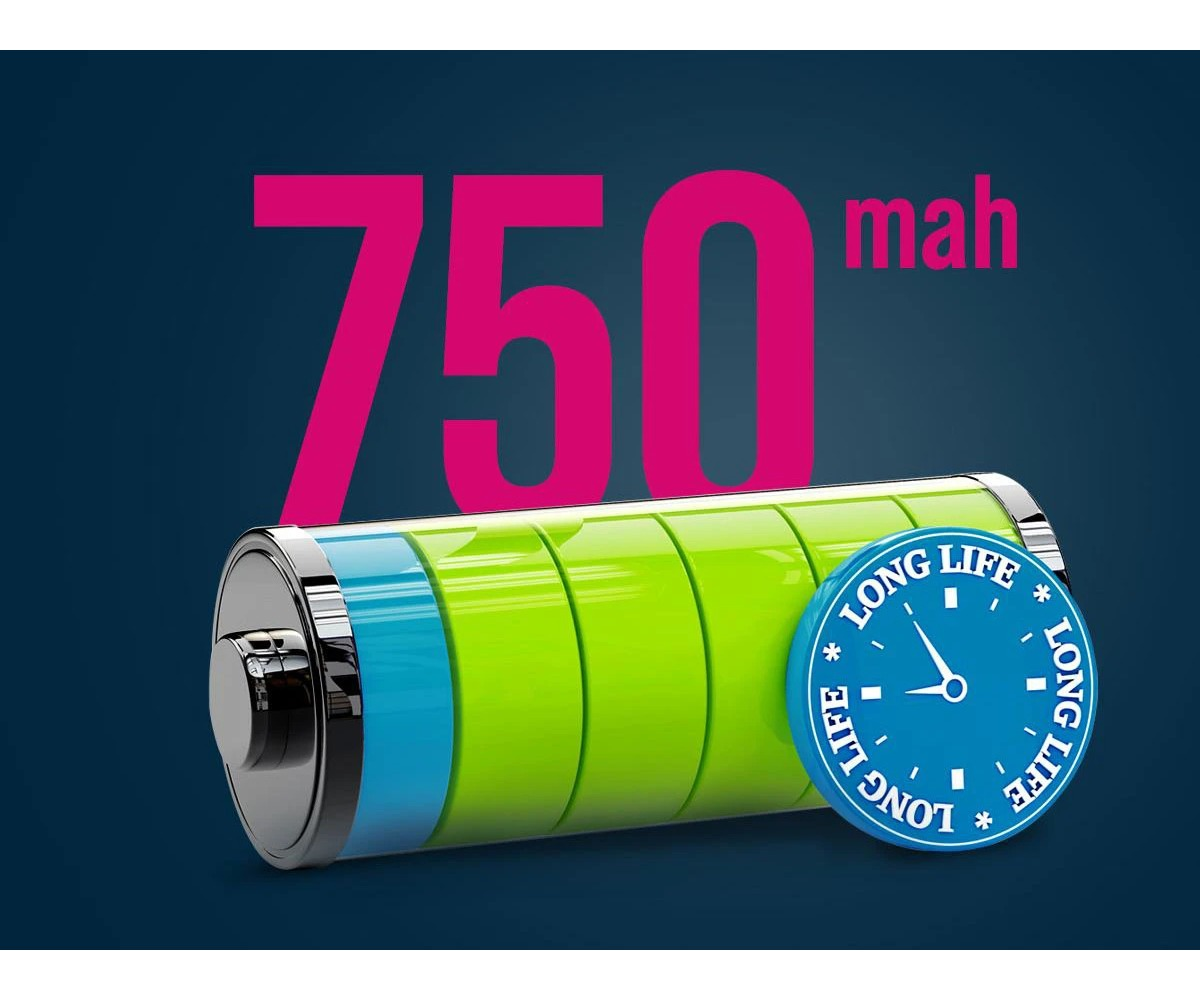 Zielona bateria z niebieskim detalem zegara na ciemnoniebieskim tle i tekstem 750 mah w kolorze różowym.