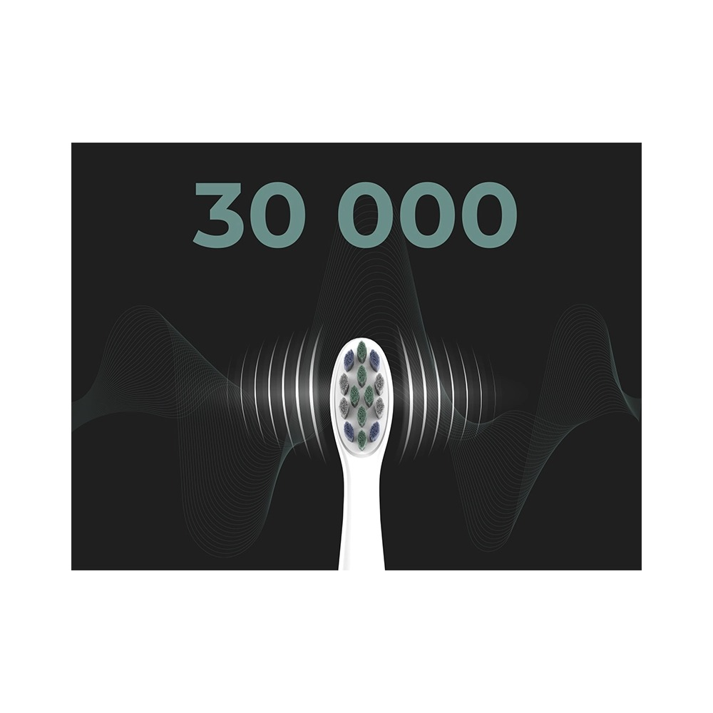Eine elektrische Zahnbürste mit Schallwellen und der Aufschrift 30 000 auf schwarzem Hintergrund.