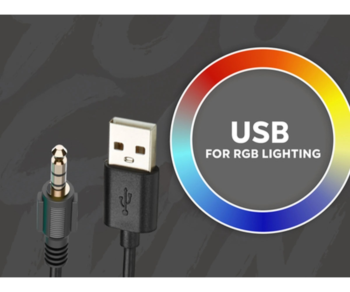Wtyk audio i wtyczka USB na tle kolorowego koła RGB i szarego tła.
