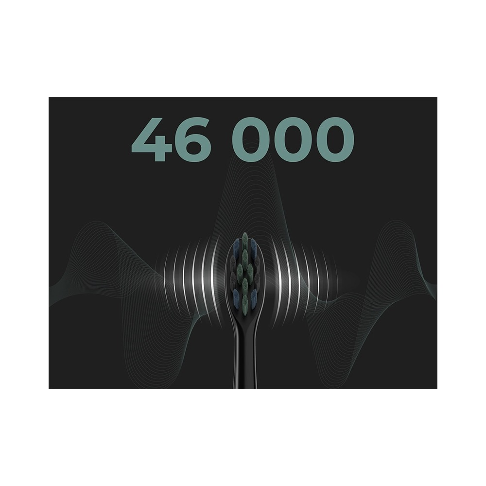 Eine schwarze Zahnbürste mit Schallwellen und der Aufschrift 46 000 auf schwarzem Hintergrund.