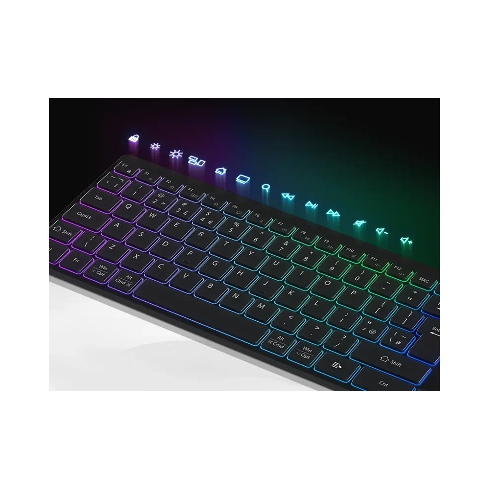 Czarna klawiatura z kolorowym podświetleniem RGB i świecącymi ikonami multimedialnymi.