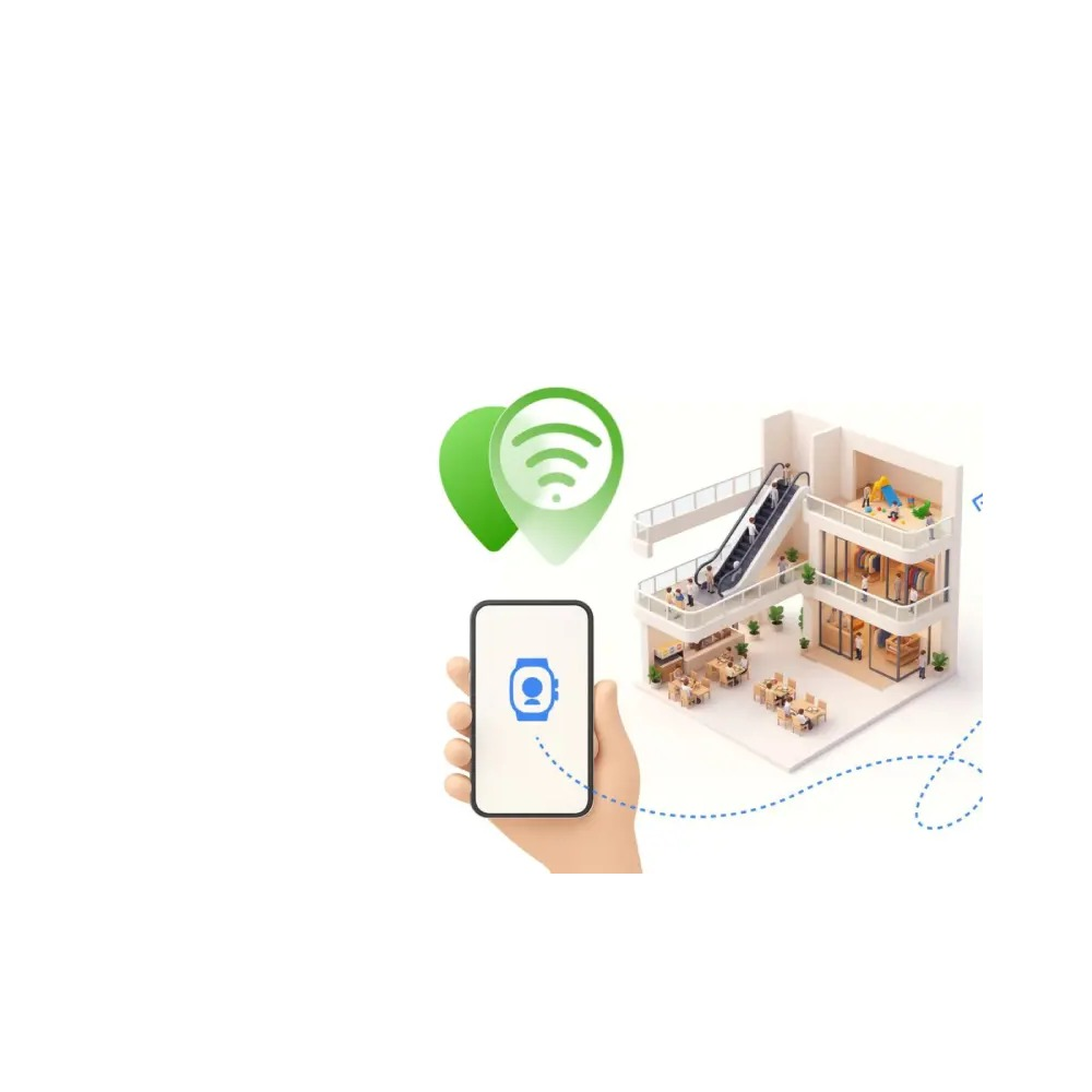 Ręka trzyma smartfon z ikoną smartwatcha, połączony z modelem galerii handlowej 3D i ikonami Wi-Fi.