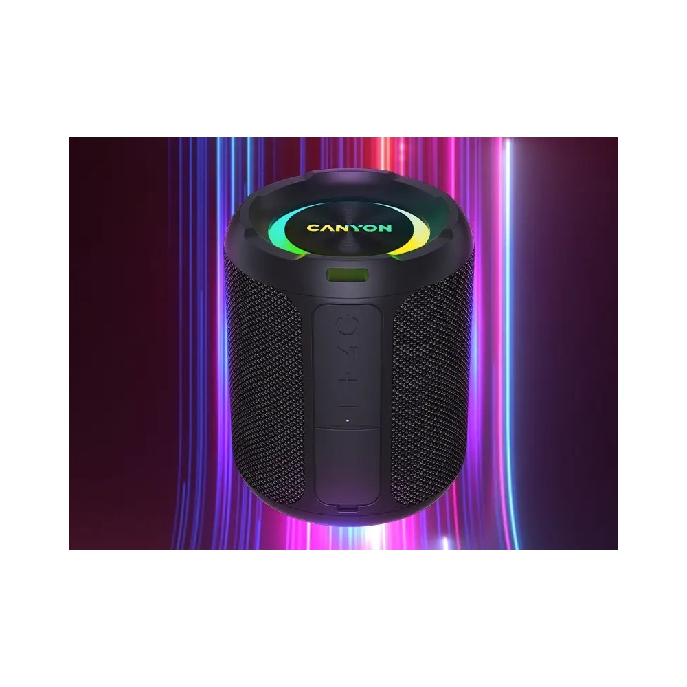 Cylindryczny czarny głośnik Bluetooth Canyon z oświetleniem RGB na kolorowym tle.