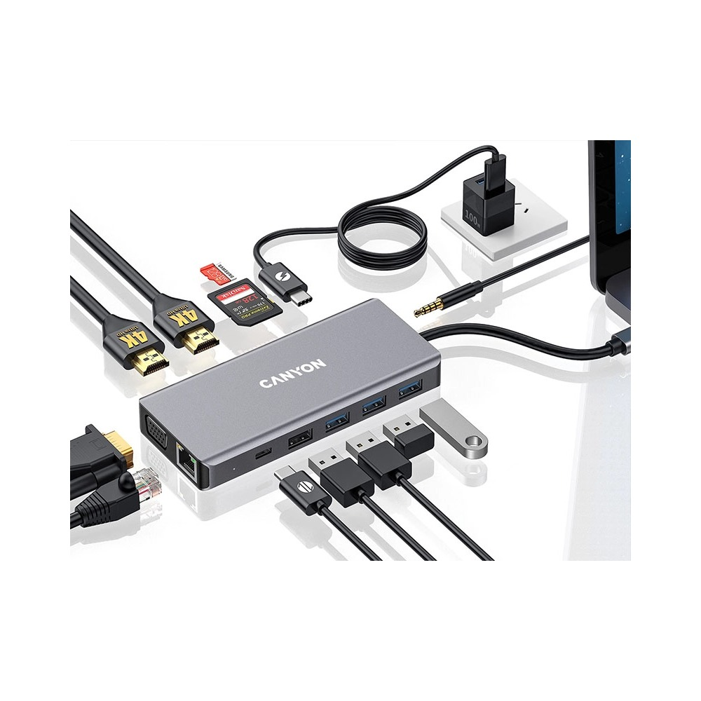 Szary hub USB-C Canyon podłączony do wielu kabli, kart SD i urządzeń na białym tle.
