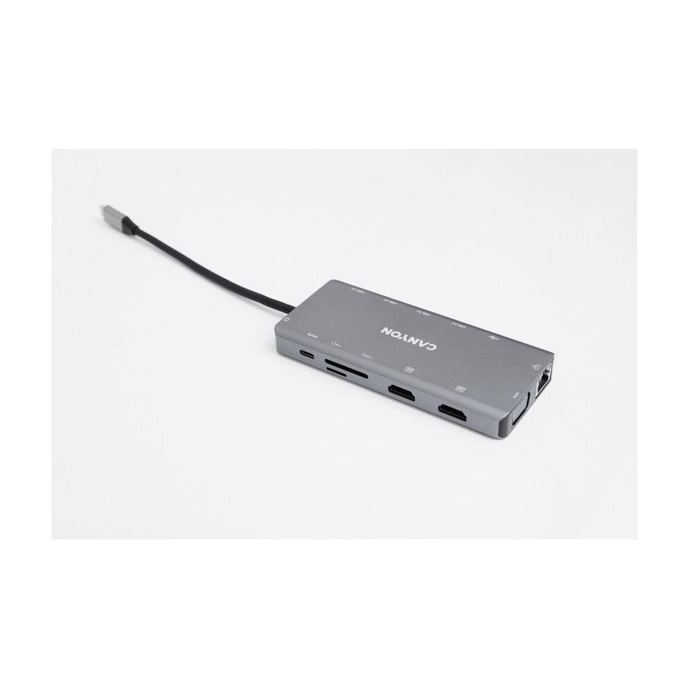 Szary hub wieloportowy USB-C marki Canyon z podłączonym kablem na białym tle.
