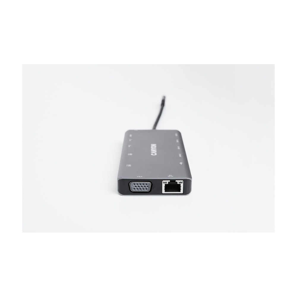 Szary hub USB-C Canyon z portami VGA i Ethernet na białym tle.