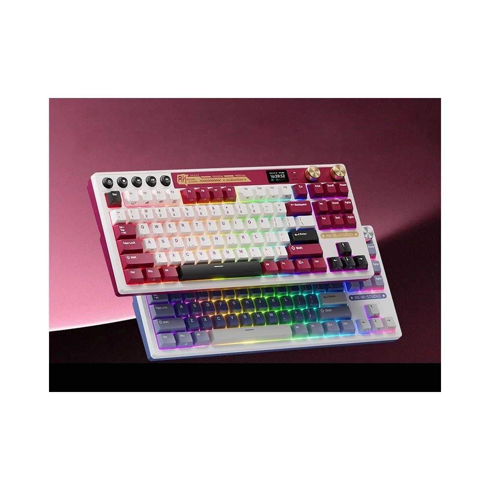 Dwie klawiatury podświetlane RGB w kolorze białym, czerwonym i czarnym ze złotymi akcentami na tle.