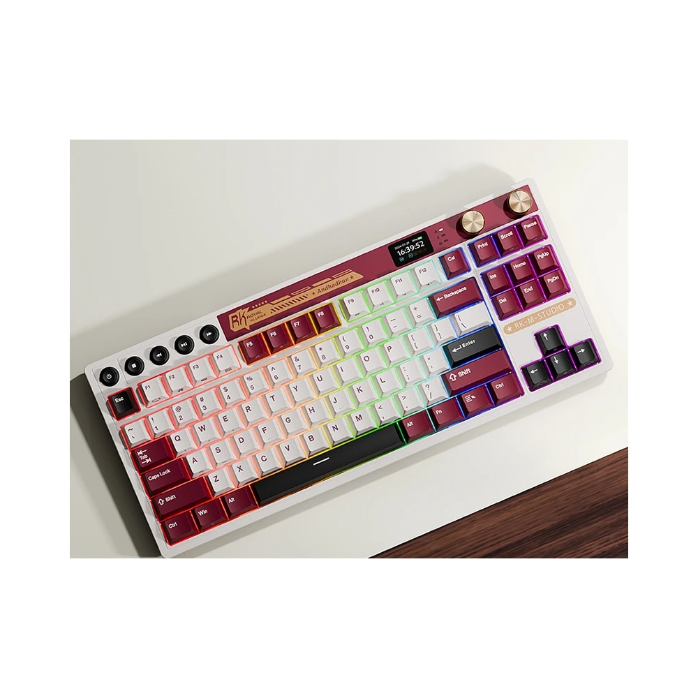 Biało-bordowa klawiatura mechaniczna z podświetleniem RGB i małym wyświetlaczem.