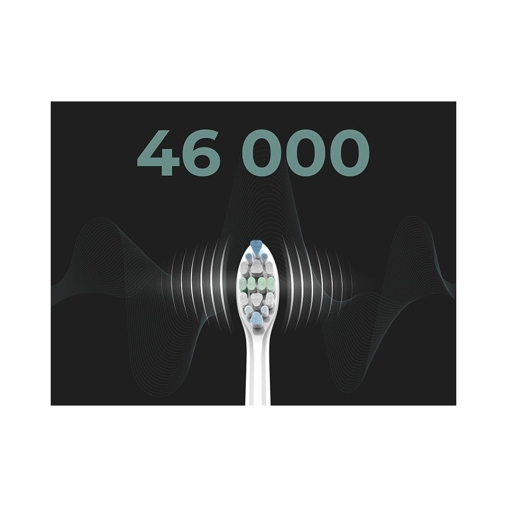 Elektryczna szczoteczka do zębów z falami dźwiękowymi i napisem 46 000 na czarnym tle.