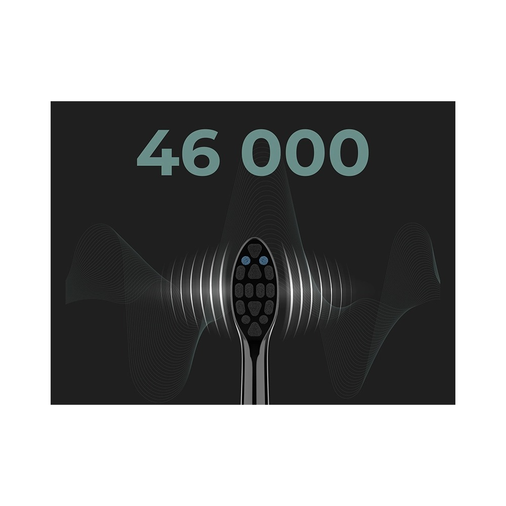 Czarna szczoteczka do zębów tworzy fale dźwiękowe na ciemnym tle z tekstem 46 000.