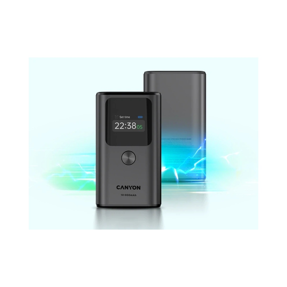Dwa szare powerbanki Canyon 10 000 mAh z cyfrowym wyświetlaczem czasu na jasnoniebieskim tle z efektami świetlnymi.