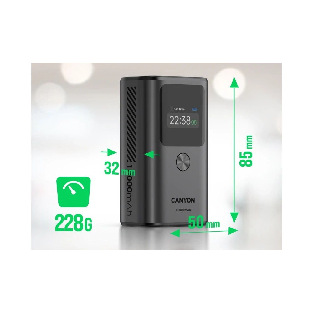Czarny powerbank Canyon o wymiarach 85x50x32 mm, wadze 228g i cyfrowym wyświetlaczu.