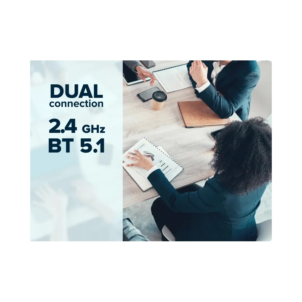 Biznesmeni pracujący przy stole konferencyjnym z tekstem o podwójnym połączeniu 2,4 GHz i BT 5,1.
