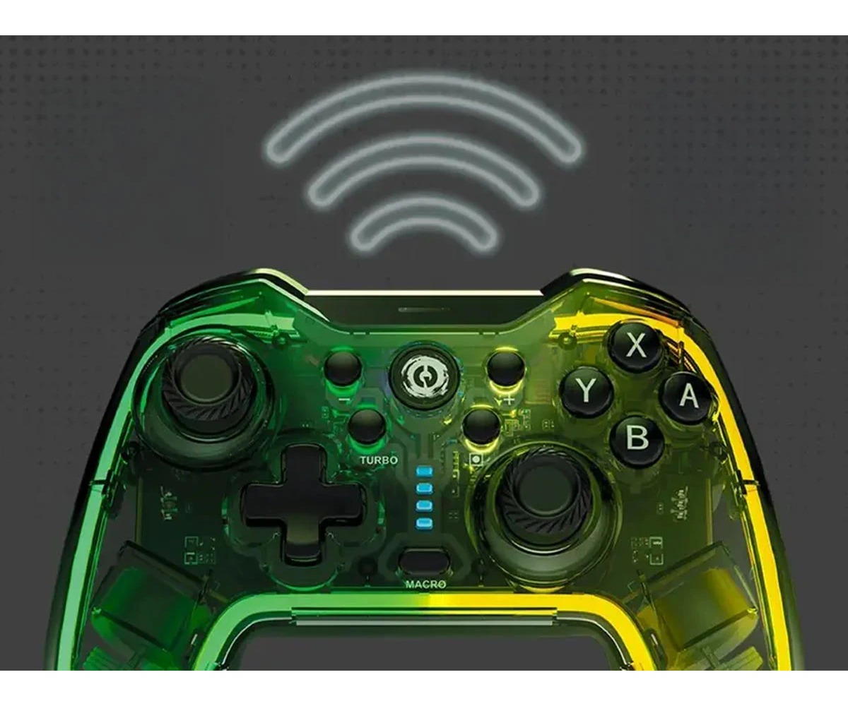 Przezroczysty zielony bezprzewodowy gamepad z podświetlanymi przyciskami i falami sygnału na szarym tle.