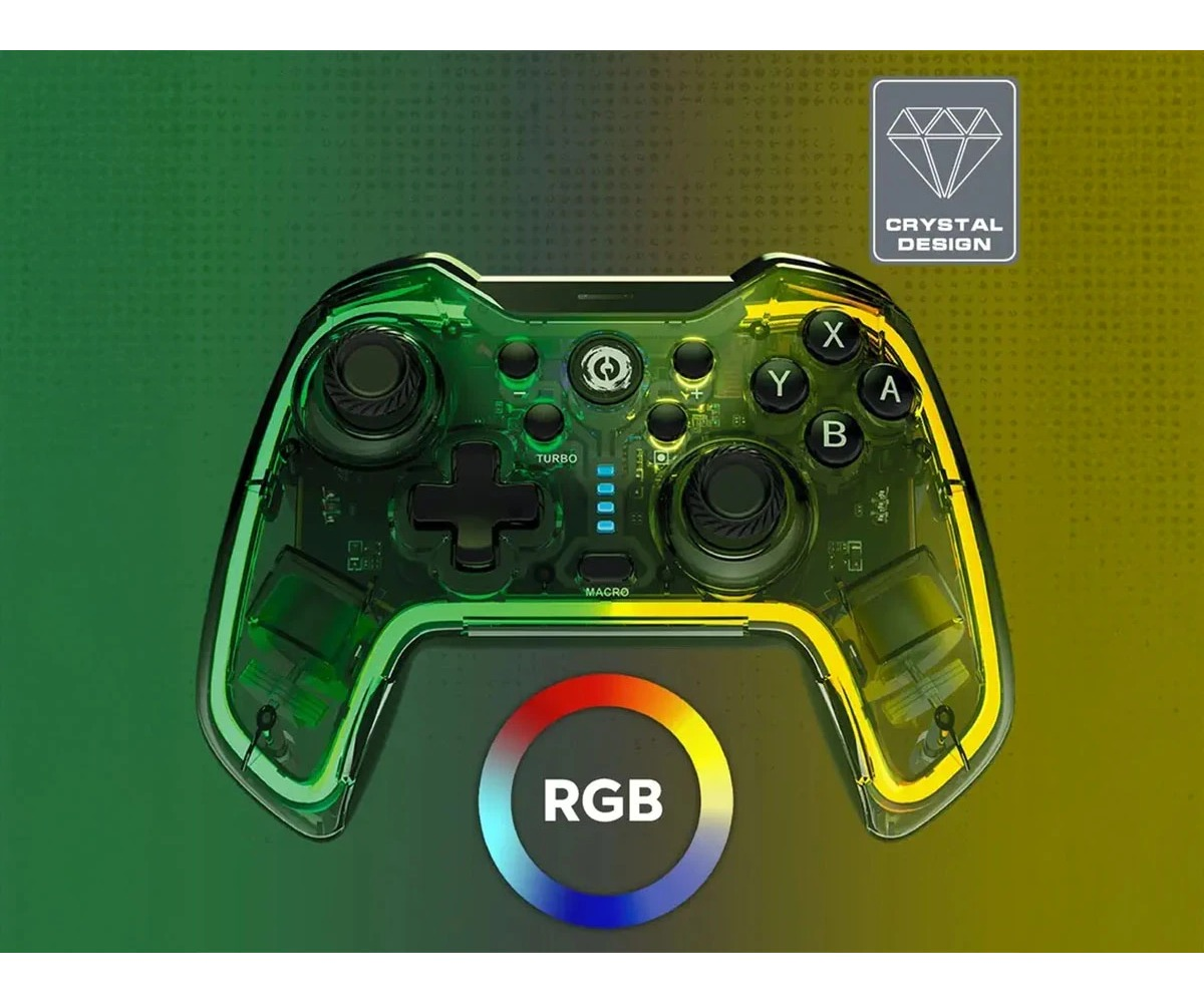 Przezroczysty zielony kontroler do gier z oświetleniem RGB na zielono-żółtym tle.