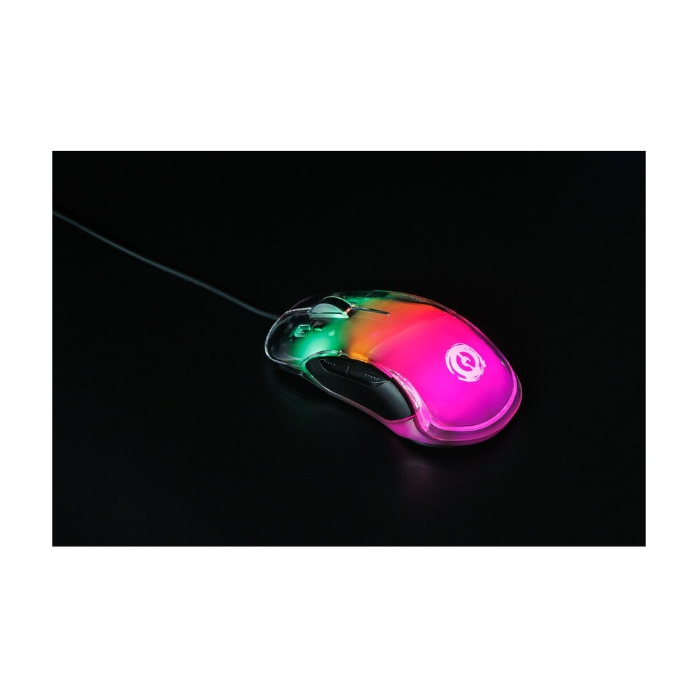Przewodowa mysz do gier z żywym oświetleniem RGB w kolorze zielonym i różowym na ciemnym tle.