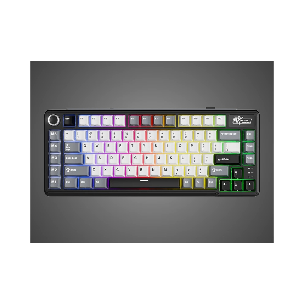 Czarna klawiatura mechaniczna z kolorowym podświetleniem RGB, biało-szarymi klawiszami i pokrętłem głośności.