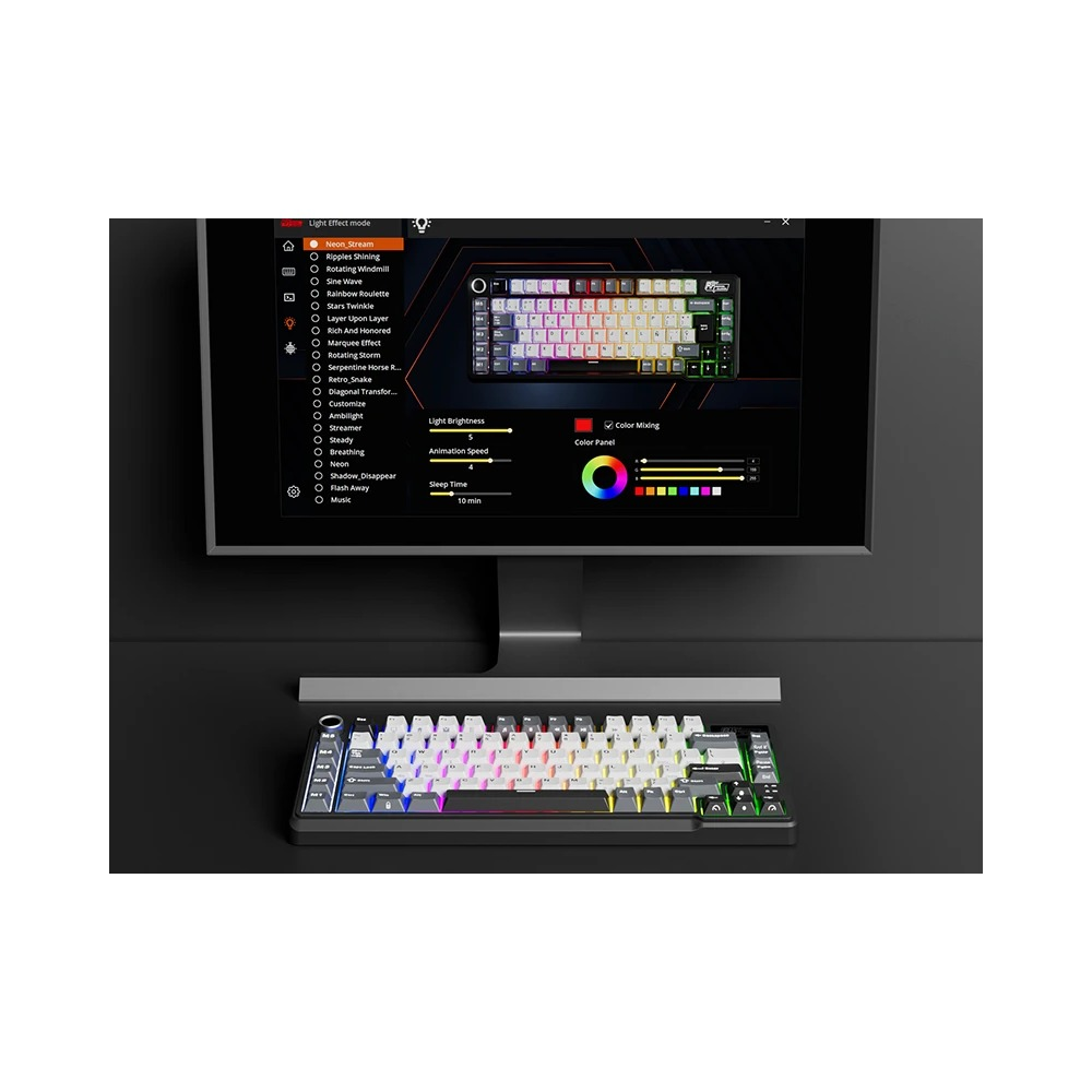 Klawiatura mechaniczna z podświetleniem RGB i sterowaniem oprogramowaniem na monitorze.